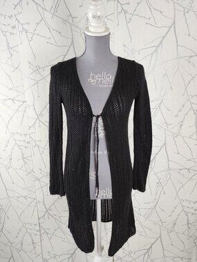 American Attitudes Black Metallic Crochet Tie Front Cardigan